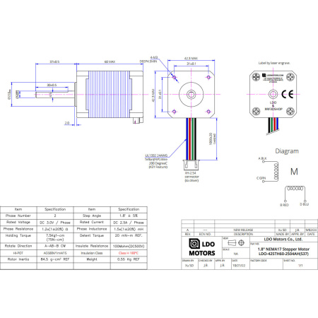 Шаговый двигатель LDO-42STH60-2504AH(S37), 2504AH, Nema 17