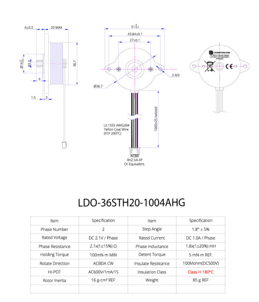 Шаговый двигатель LDO-36STH20-1004AHG, 36STH, 8T, Nema 14