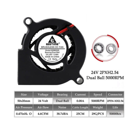 Вентилятор 5020, GDSTime, улитка (Blower), 24В, Dual Ball — вентилятор 3D-принтера