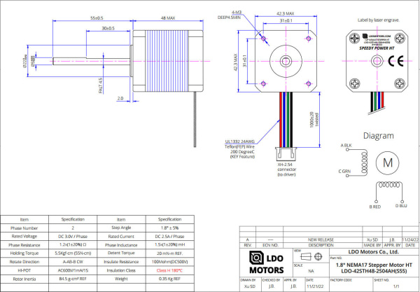 Шаговый двигатель LDO-42STH48-2504AH(S55), 2504AH, Nema 17