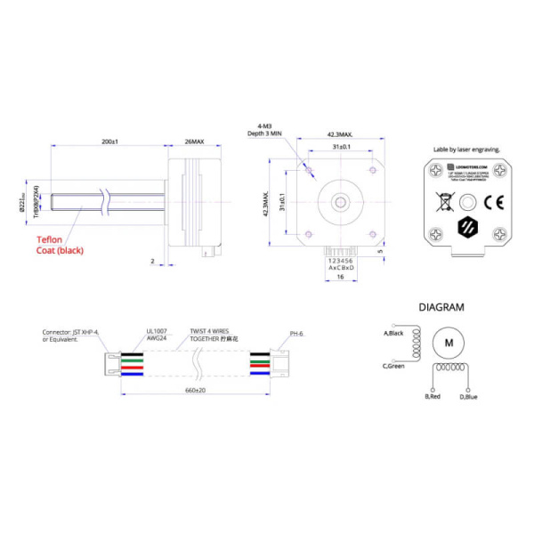 Шаговый двигатель LDO-42STH25-1004CL200ET(VRN), 42STH25, T8x8, Nema 17