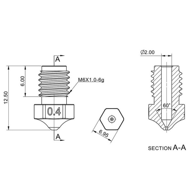 Сопло высококачественное, медное, 0.5, PS E3D V6, Phaetus