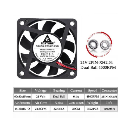 Вентилятор 6015, GDSTime, аксиальный, 24В, Dual Ball —  Вентилятор 6015, GDSTime, аксиальный, 24В, Dual Ball — вентилятор 3D-принтера