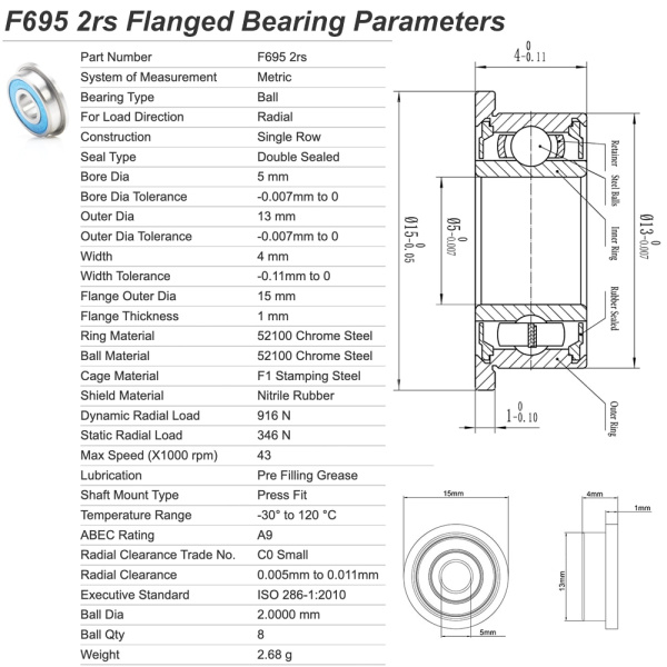 Фланцевый подшипник F695-2RS 5x13x4 мм, Fushi