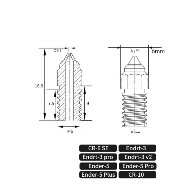 Сопло 0.6, Ender 7, латунь, 1,75 мм