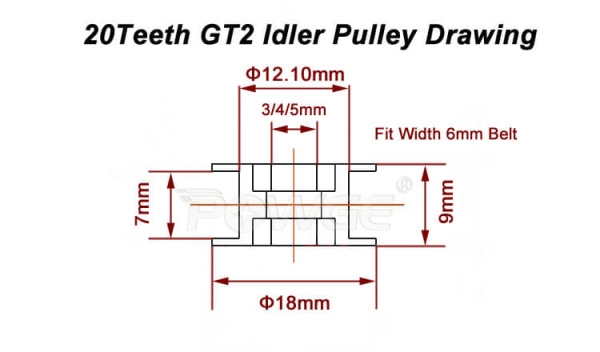 Натяжной ролик (шкив) 20 зубов 2GT, D=3 мм, для 6 мм 2GT Ремня, Черный (без зубов)