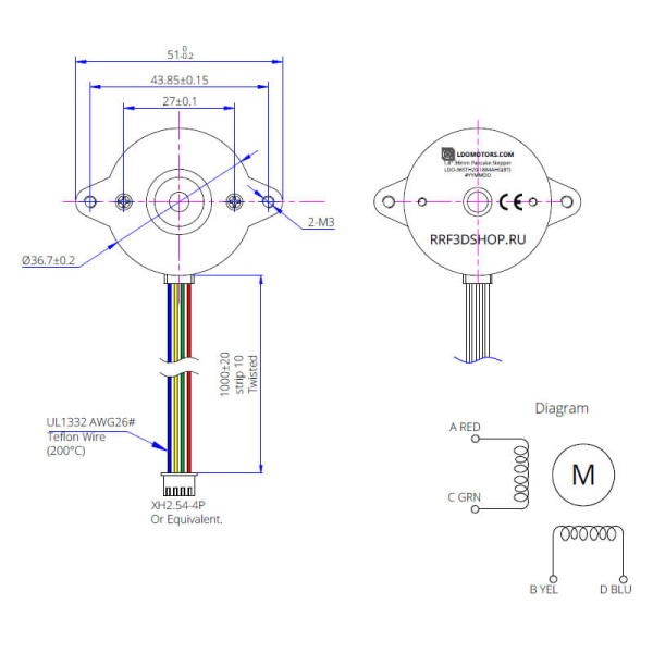 Шаговый двигатель LDO-36STH20-1884AHG, 8T, 36STH, Nema 14