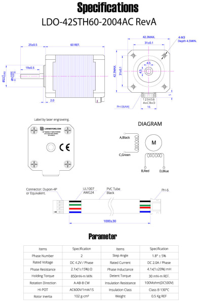 Шаговый двигатель LDO-42STH60-2004AC, 2004AC, Nema 17