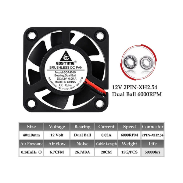 Вентилятор 4010, GDSTime, аксиальный, 12В, Dual Ball
