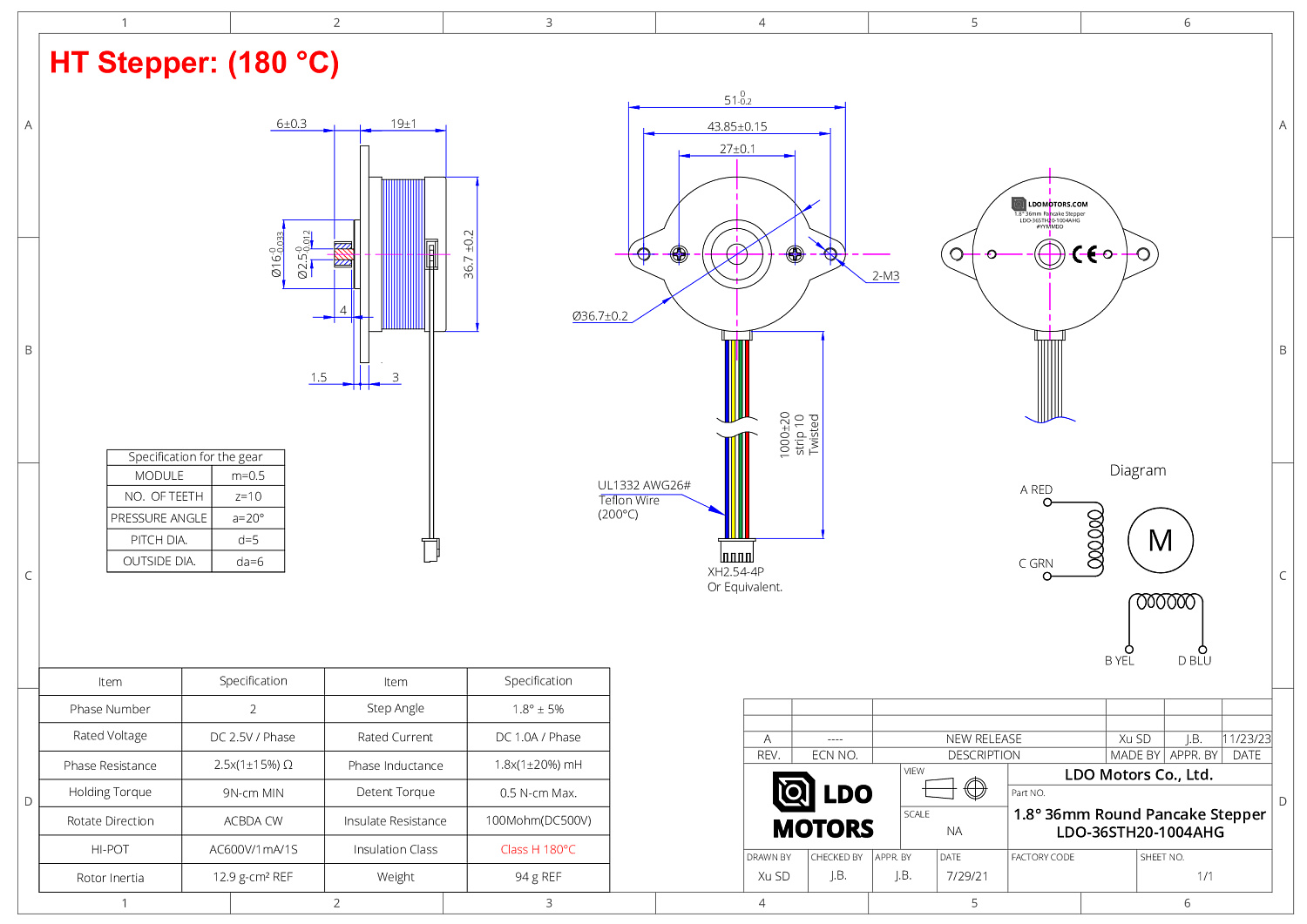Шаговый двигатель LDO-36STH20-1004AHG, 36STH, Nema 14