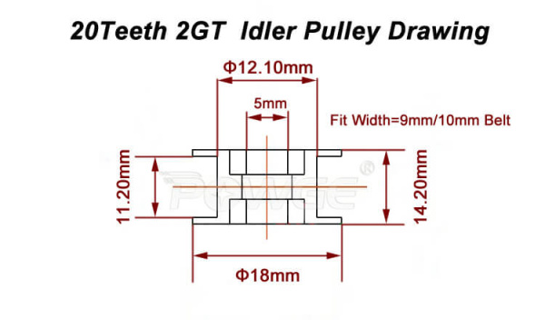 Натяжной ролик (шкив) 20 зубов 2GT, D=5 мм, для 9/10 мм 2GT Ремня, Черный (без зубов)