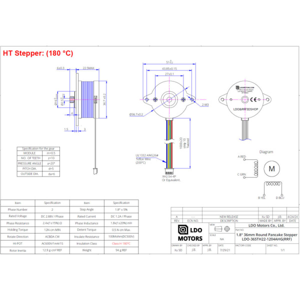 Шаговый двигатель LDO-36STH22-1204AHG, 36STH, Nema 14